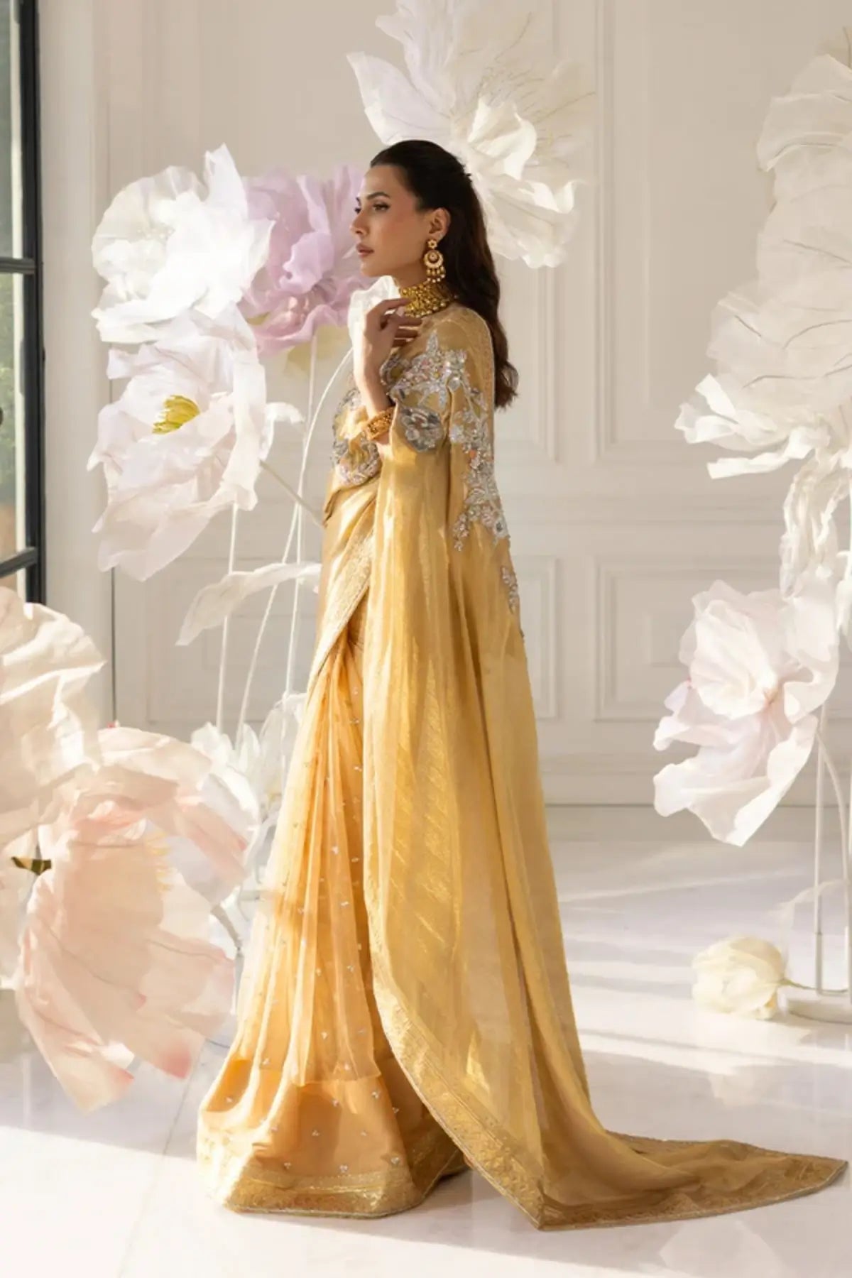 Aryana Gold Tilla Embellished Stitched Pakistani Wedding Saree in Shimmering Lame with Silver Gold Embroidery, Sequin Work and Matching Blouse