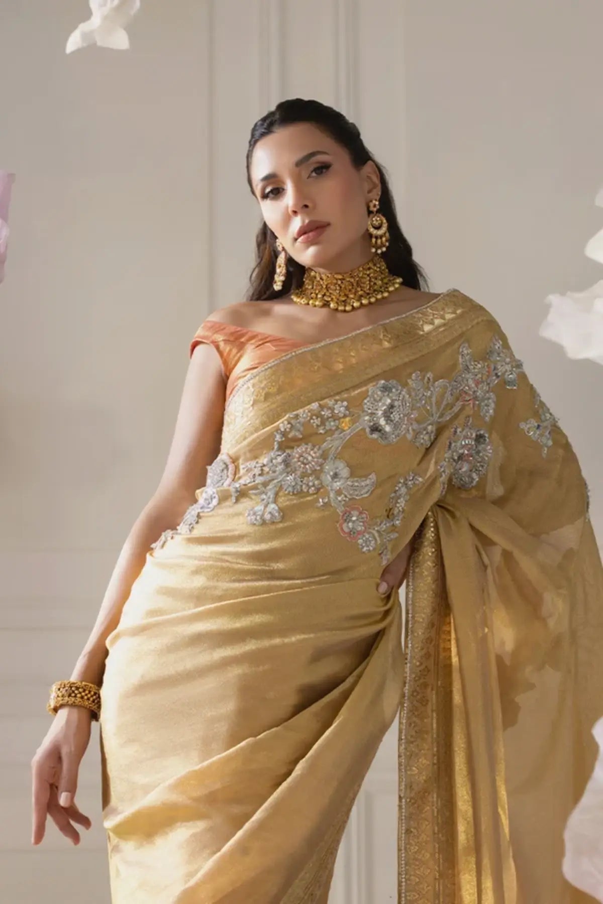 Aryana Gold Tilla Embellished Stitched Pakistani Wedding Saree in Shimmering Lame with Silver Gold Embroidery, Sequin Work and Matching Blouse