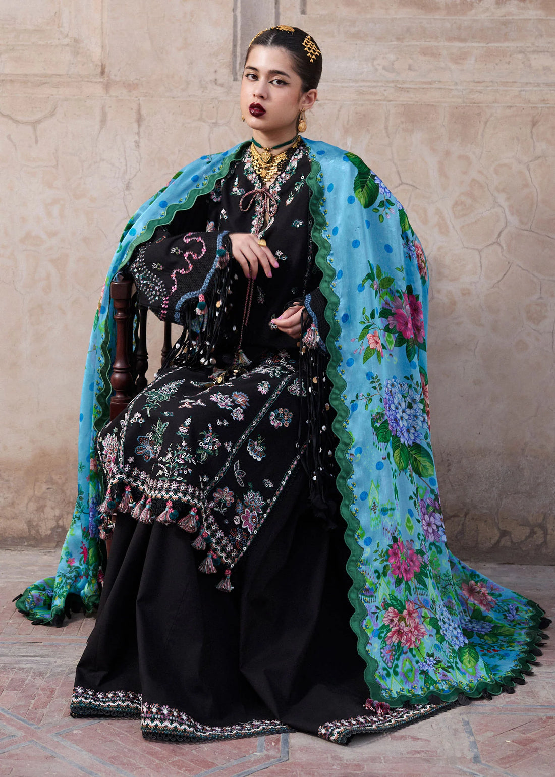 Arzo-Classic black suit with colorful floral threadwork by-Hussain rehar