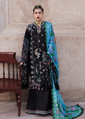 Arzo-Classic black suit with colorful floral threadwork by-Hussain rehar