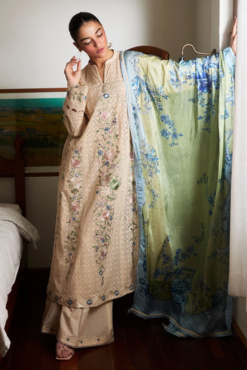 Asa-5A- Embroidered Beige Lawn Ensemble By- Zara Shahjahan