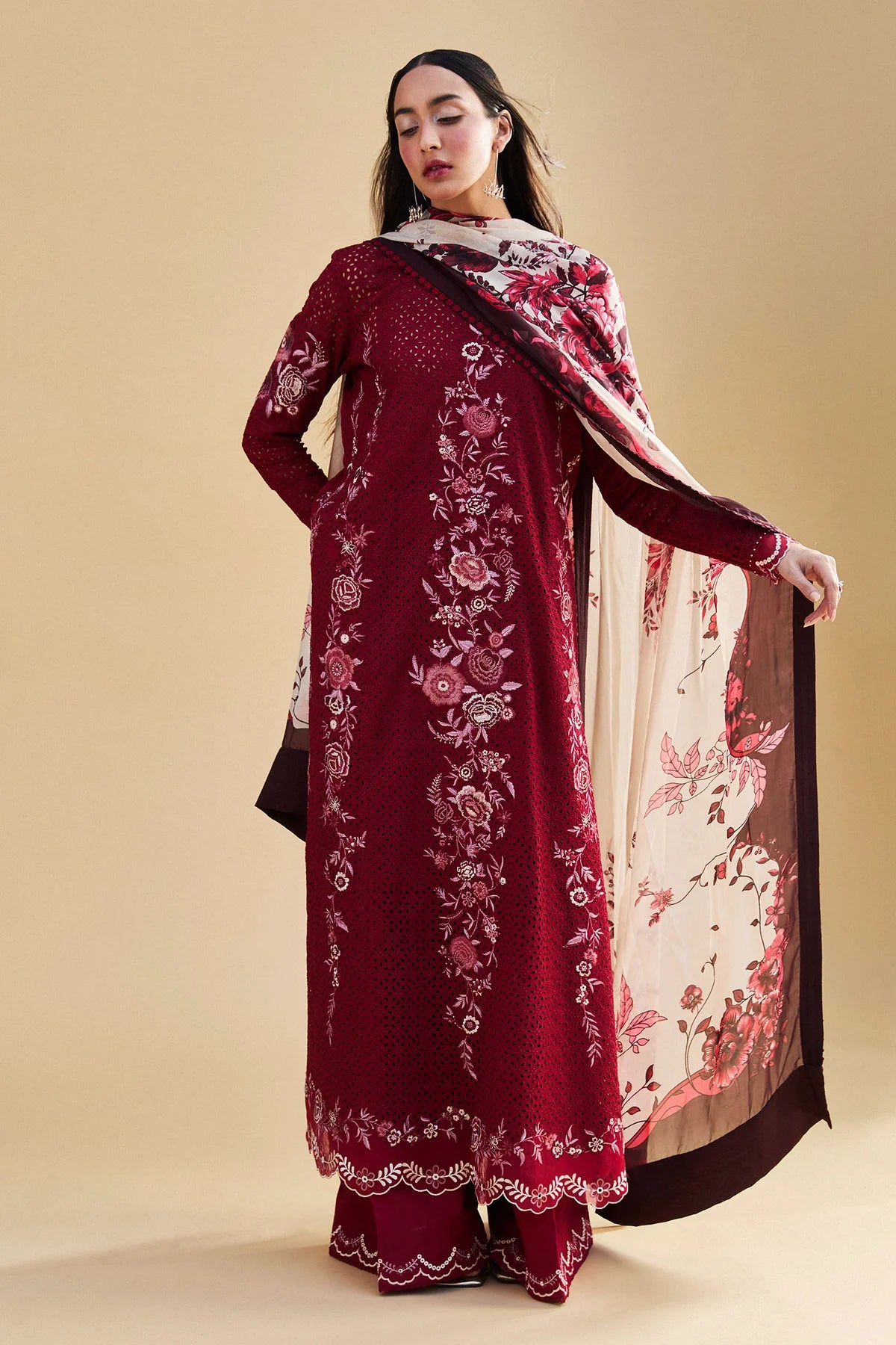 Asa-5B- Embroidered Deep Maroon Lawn Ensemble By- Zara Shahjahan