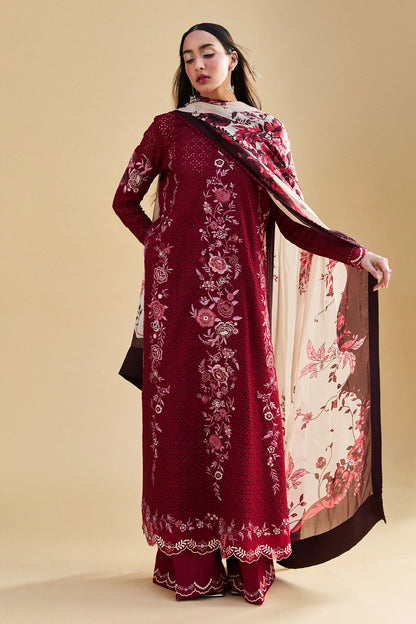 Asa-5B- Embroidered Deep Maroon Lawn Ensemble By- Zara Shahjahan