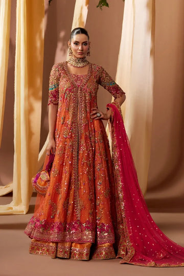 Asha Candy Orange Embellished Net Dholki Pishwas with Gold Zardozi Work, Lame Lehenga, Pink Net Dupatta and Embellished Pouch