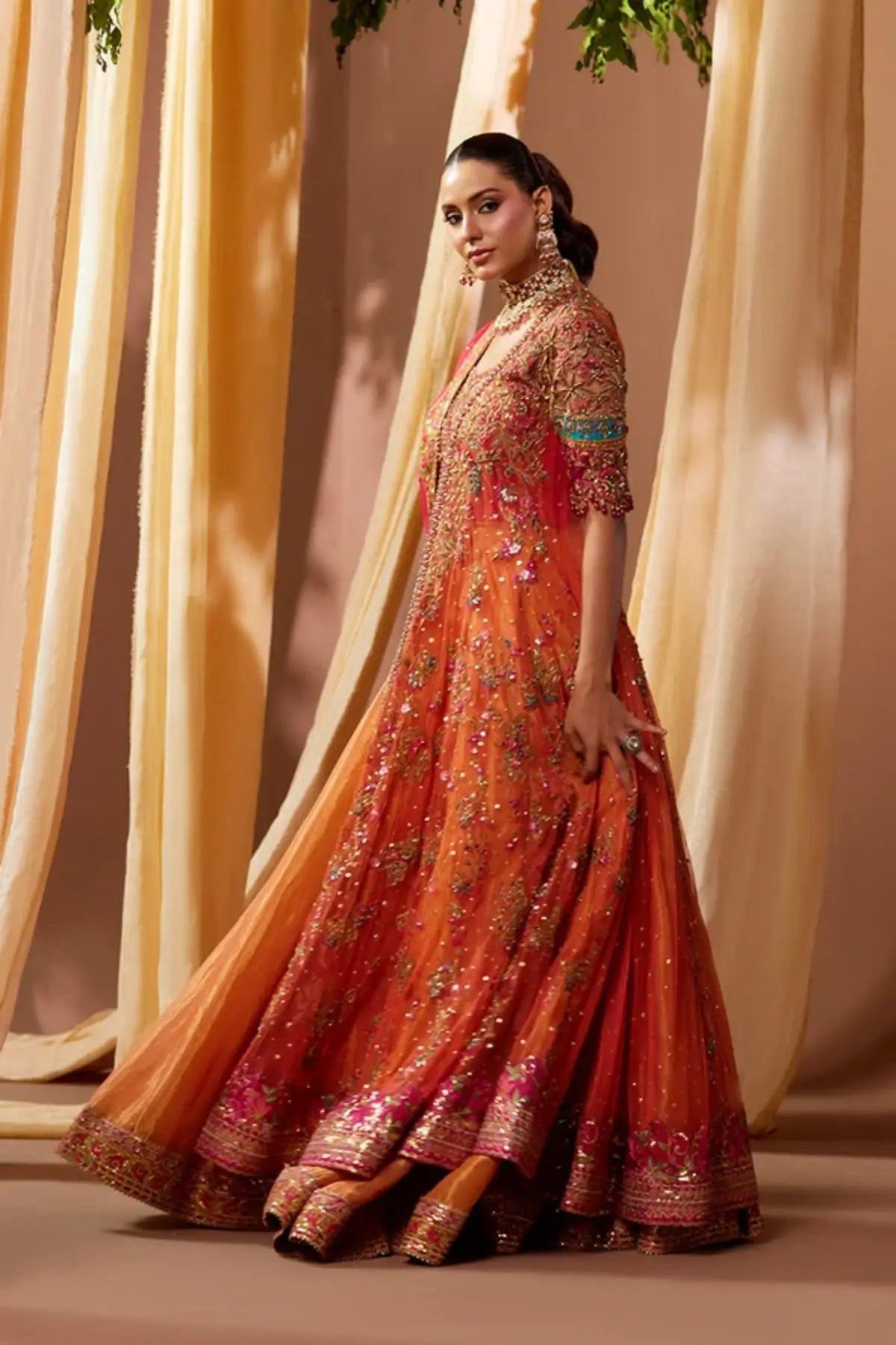 Asha Candy Orange Embellished Net Dholki Pishwas with Gold Zardozi Work, Lame Lehenga, Pink Net Dupatta and Embellished Pouch