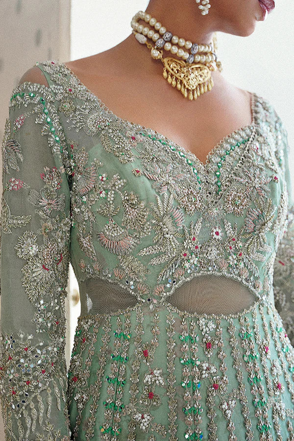 Sage green wedding outfit with raw silk lehenga – Ashal by Suffuse