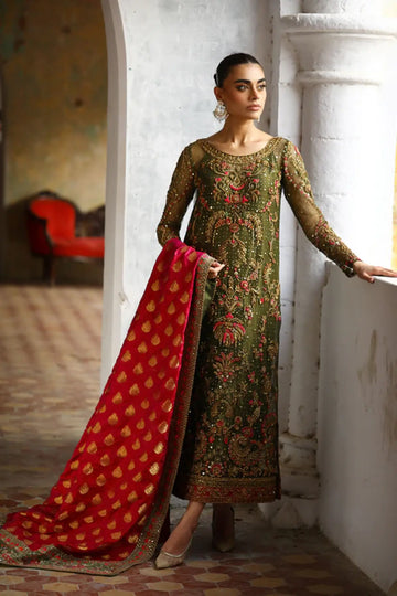Asiya Olive Green Handmade Pakistani Formal Shirt with Mukesh, Gota and Floral Hand Embellishments and Contrast Pink Jamawar Dupatta