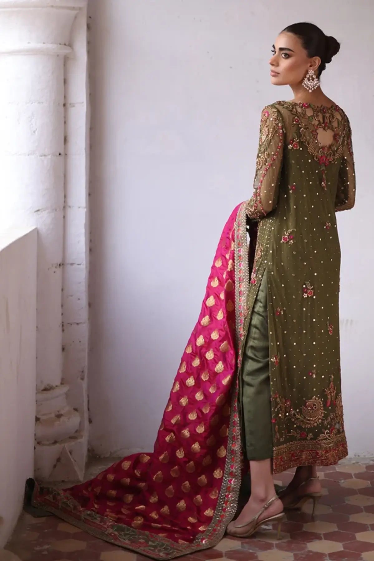 Asiya Olive Green Handmade Pakistani Formal Shirt with Mukesh, Gota and Floral Hand Embellishments and Contrast Pink Jamawar Dupatta