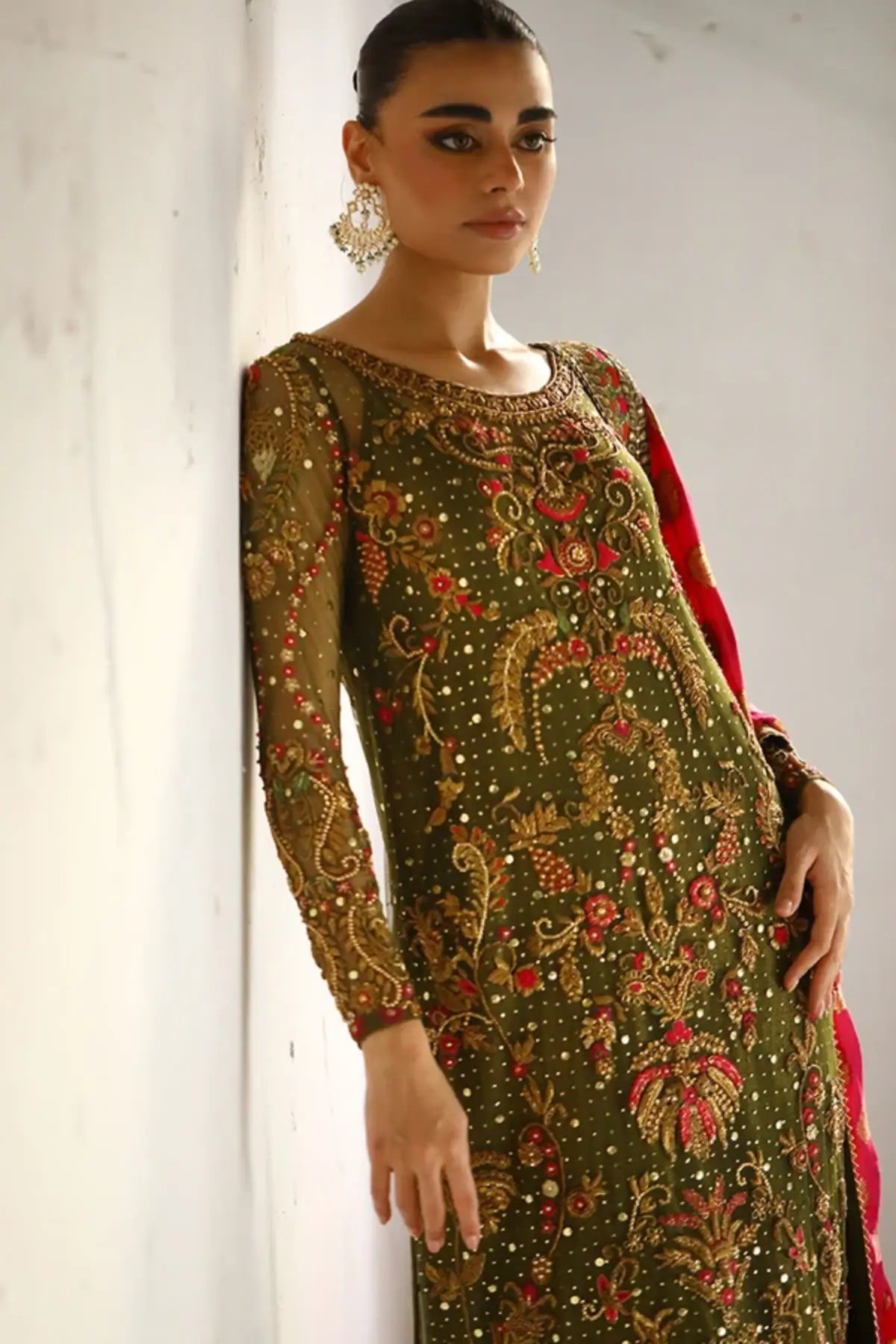 Asiya Olive Green Handmade Pakistani Formal Shirt with Mukesh, Gota and Floral Hand Embellishments and Contrast Pink Jamawar Dupatta