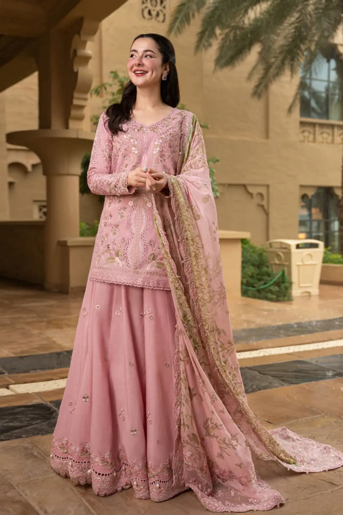 Asja Faiza Saqlain Aya blush pink lawn sharara stitched suit Pakistanimoda