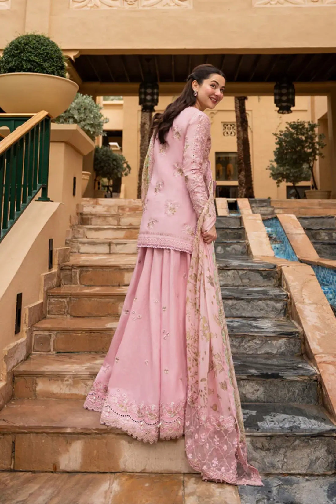 Asja Faiza Saqlain Aya blush pink lawn sharara stitched suit Pakistanimoda