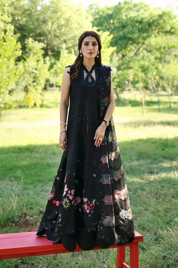 Auravie black printed lawn stitched Anarkali by Afrozeh with floral embroidery and chiffon dupatta