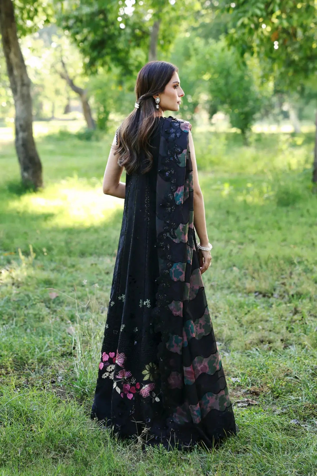Auravie black printed lawn stitched Anarkali by Afrozeh with floral embroidery and chiffon dupatta