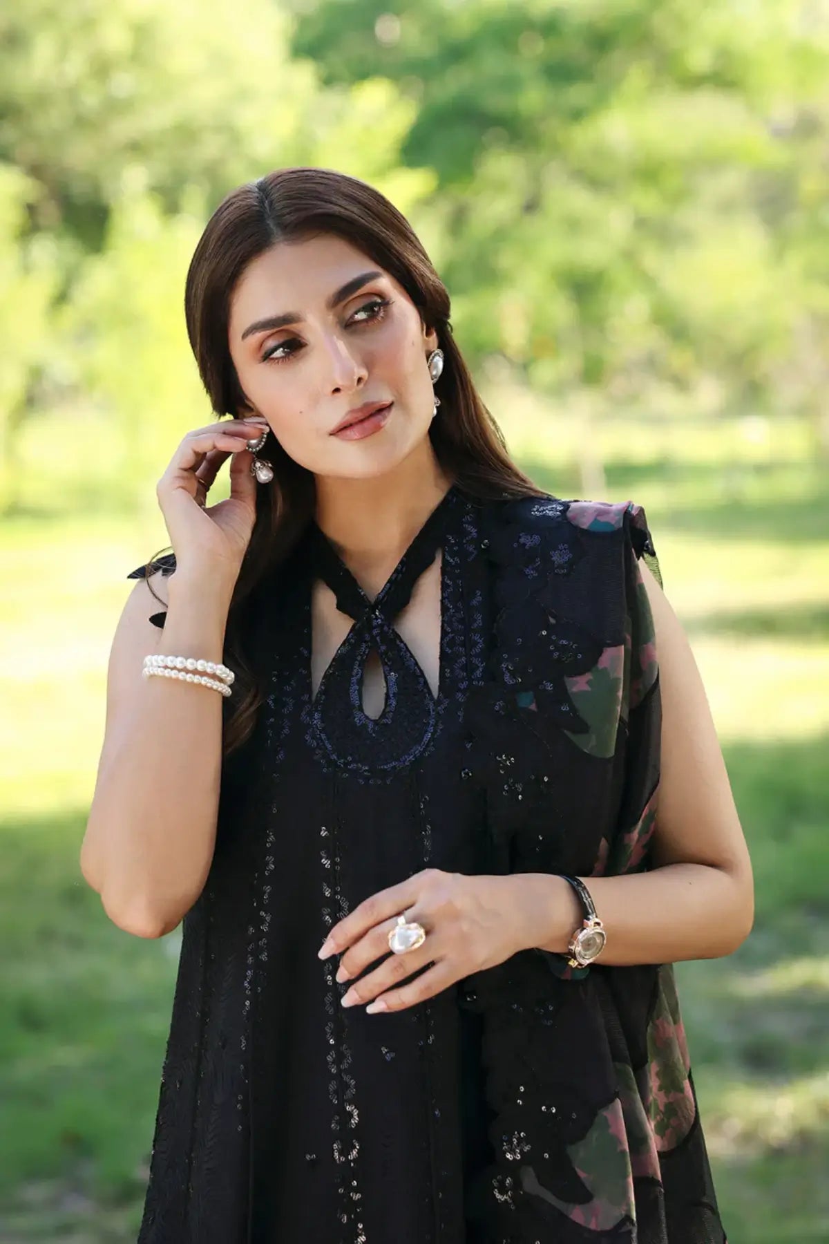Auravie black printed lawn stitched Anarkali by Afrozeh with floral embroidery and chiffon dupatta