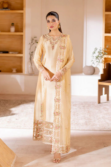 Auréa golden luxury silk outfit with organza dupatta – Pakistanimoda