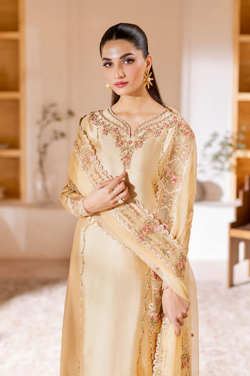 Auréa golden luxury silk outfit with organza dupatta – Pakistanimoda