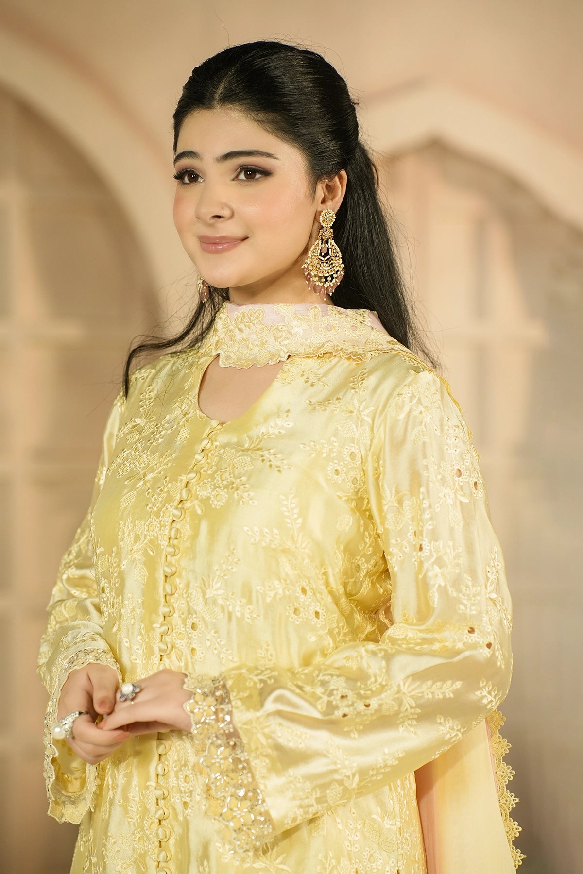 Aurelia Butter Yellow embroidered Sheesha Silk 3PC suit with floral embroidery, cutwork details, balloon pants and silk choker dupatta