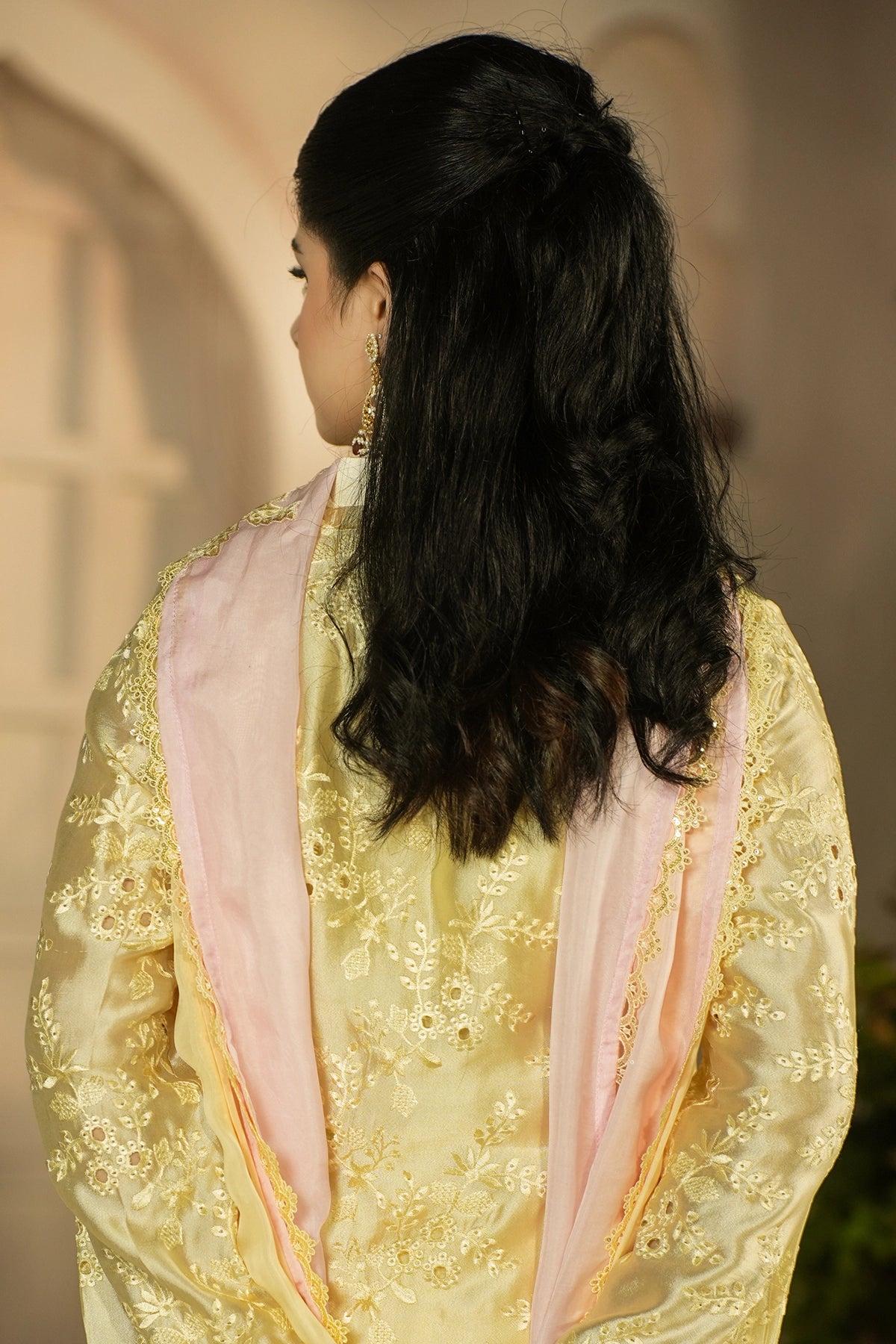 Aurelia Butter Yellow embroidered Sheesha Silk 3PC suit with floral embroidery, cutwork details, balloon pants and silk choker dupatta