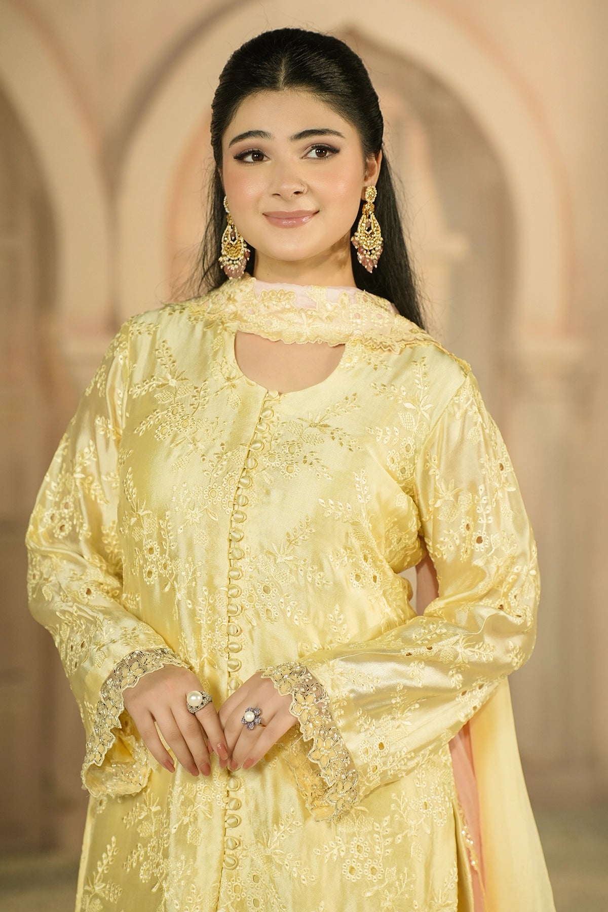 Aurelia Butter Yellow embroidered Sheesha Silk 3PC suit with floral embroidery, cutwork details, balloon pants and silk choker dupatta