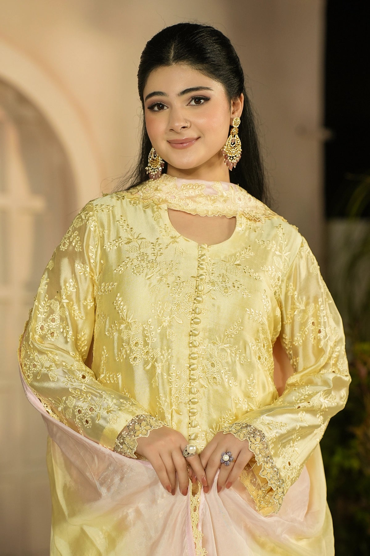 Aurelia Butter Yellow embroidered Sheesha Silk 3PC suit with floral embroidery, cutwork details, balloon pants and silk choker dupatta