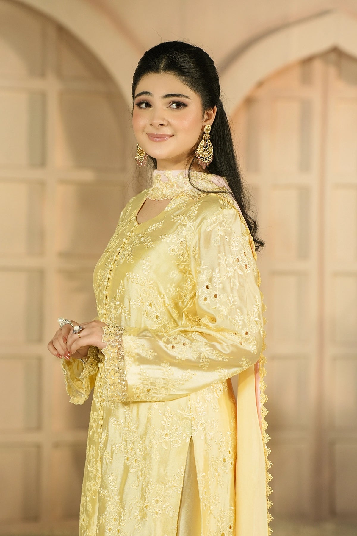 Aurelia Butter Yellow embroidered Sheesha Silk 3PC suit with floral embroidery, cutwork details, balloon pants and silk choker dupatta