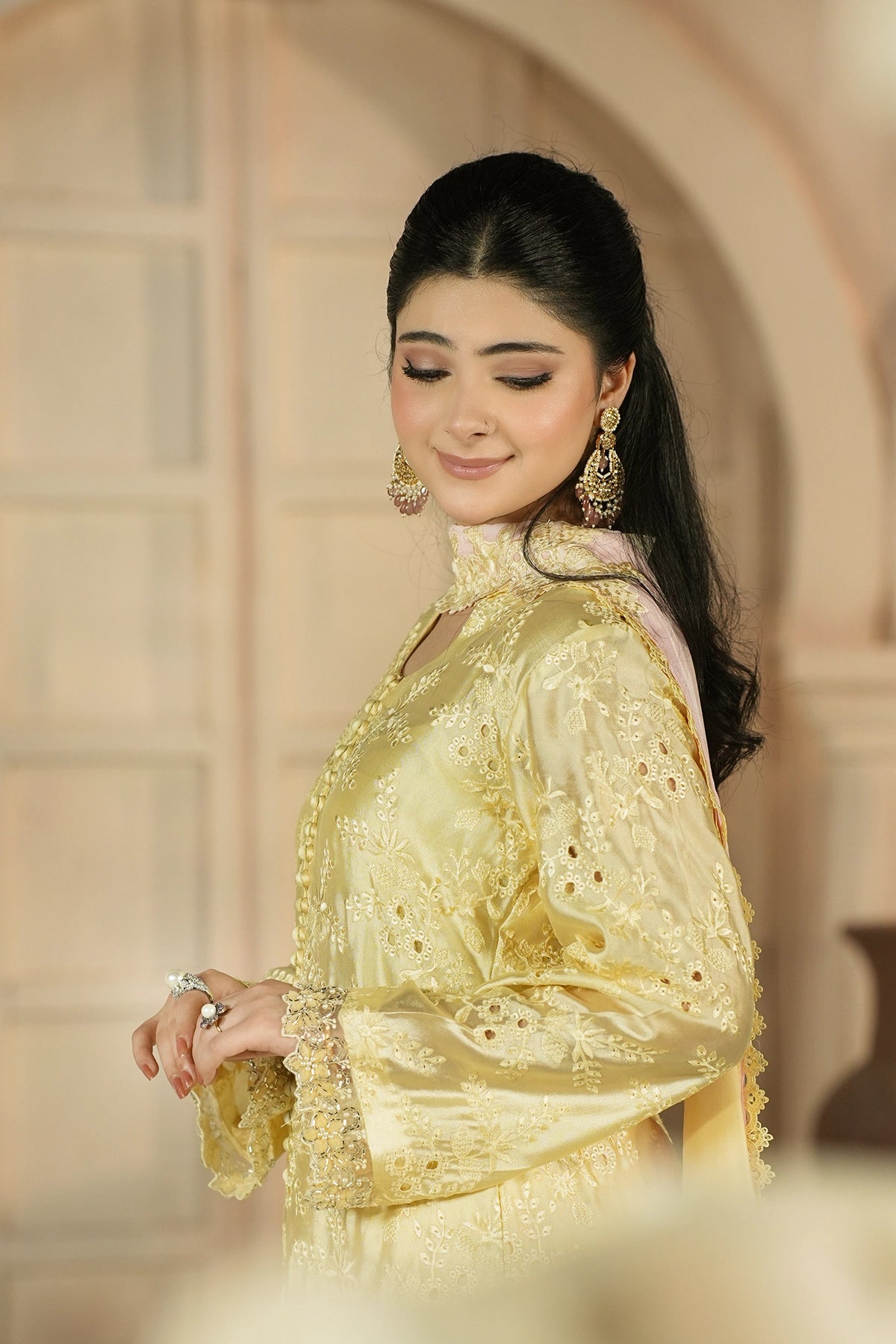 Aurelia Butter Yellow embroidered Sheesha Silk 3PC suit with floral embroidery, cutwork details, balloon pants and silk choker dupatta