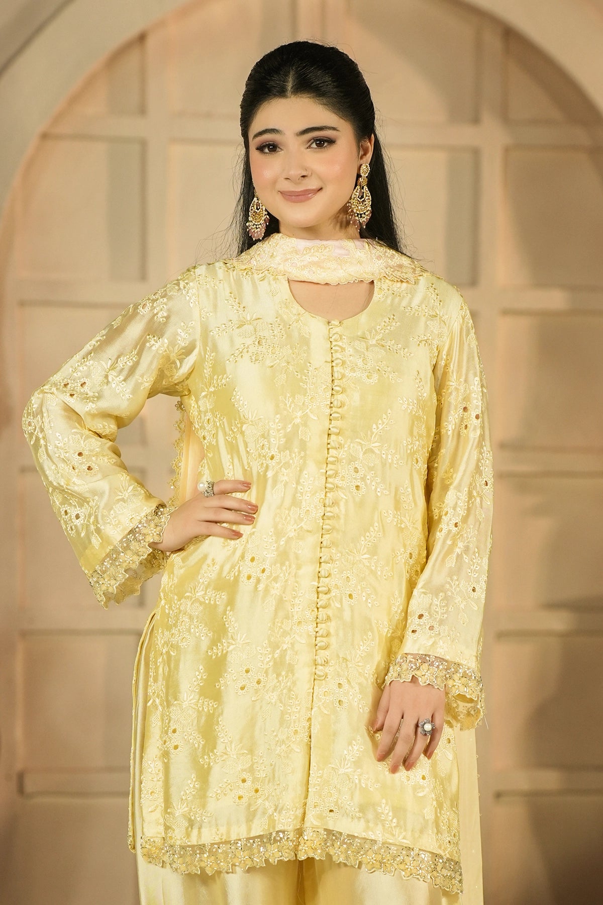 Aurelia Butter Yellow embroidered Sheesha Silk 3PC suit with floral embroidery, cutwork details, balloon pants and silk choker dupatta