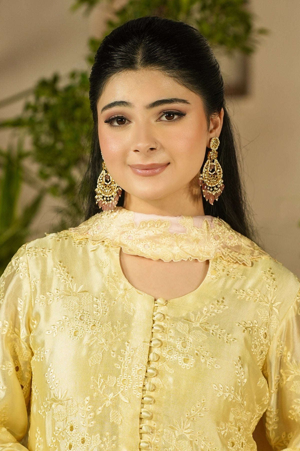 Aurelia Butter Yellow embroidered Sheesha Silk 3PC suit with floral embroidery, cutwork details, balloon pants and silk choker dupatta
