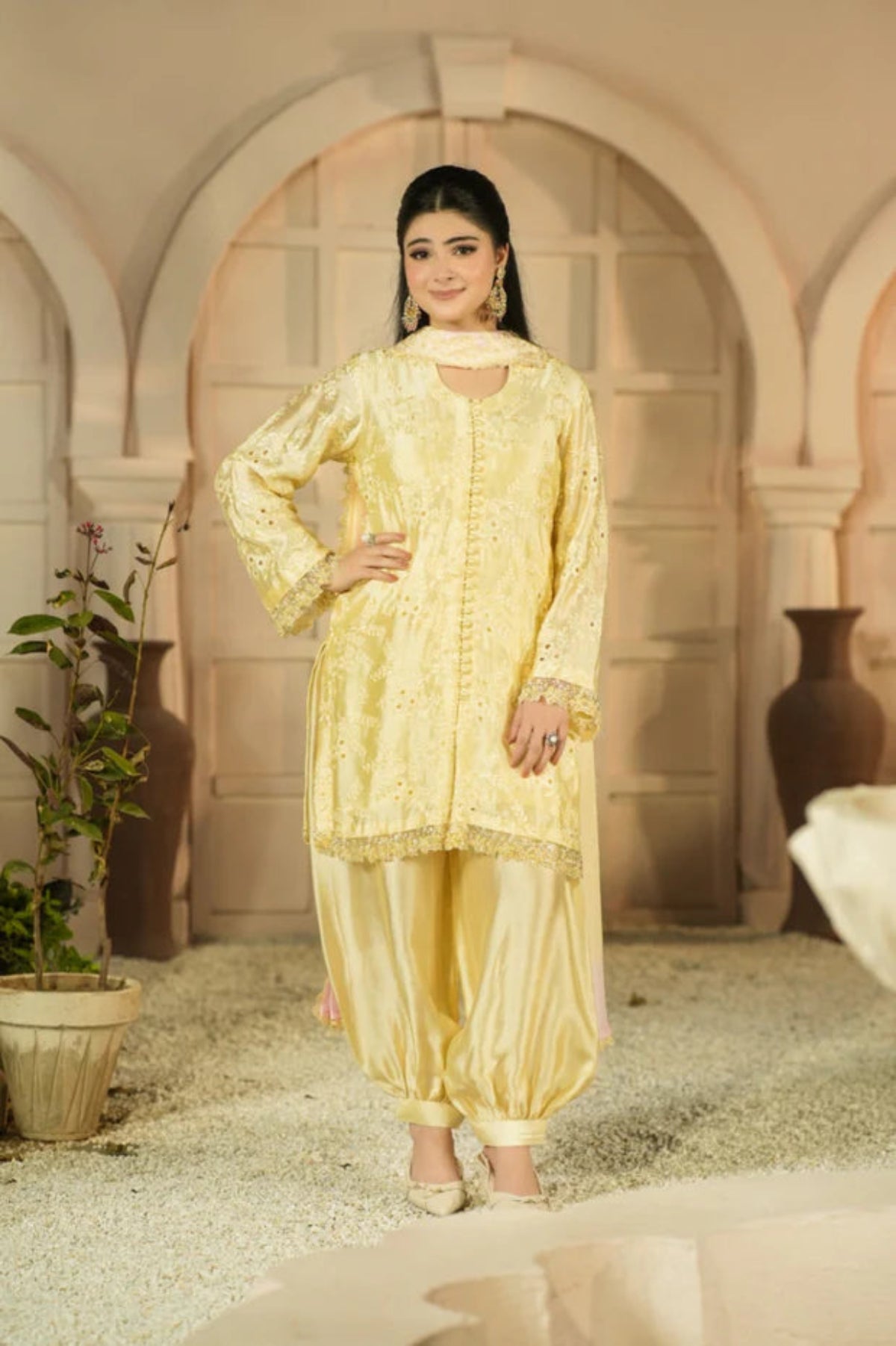 Aurelia Butter Yellow embroidered Sheesha Silk 3PC suit with floral embroidery, cutwork details, balloon pants and silk choker dupatta