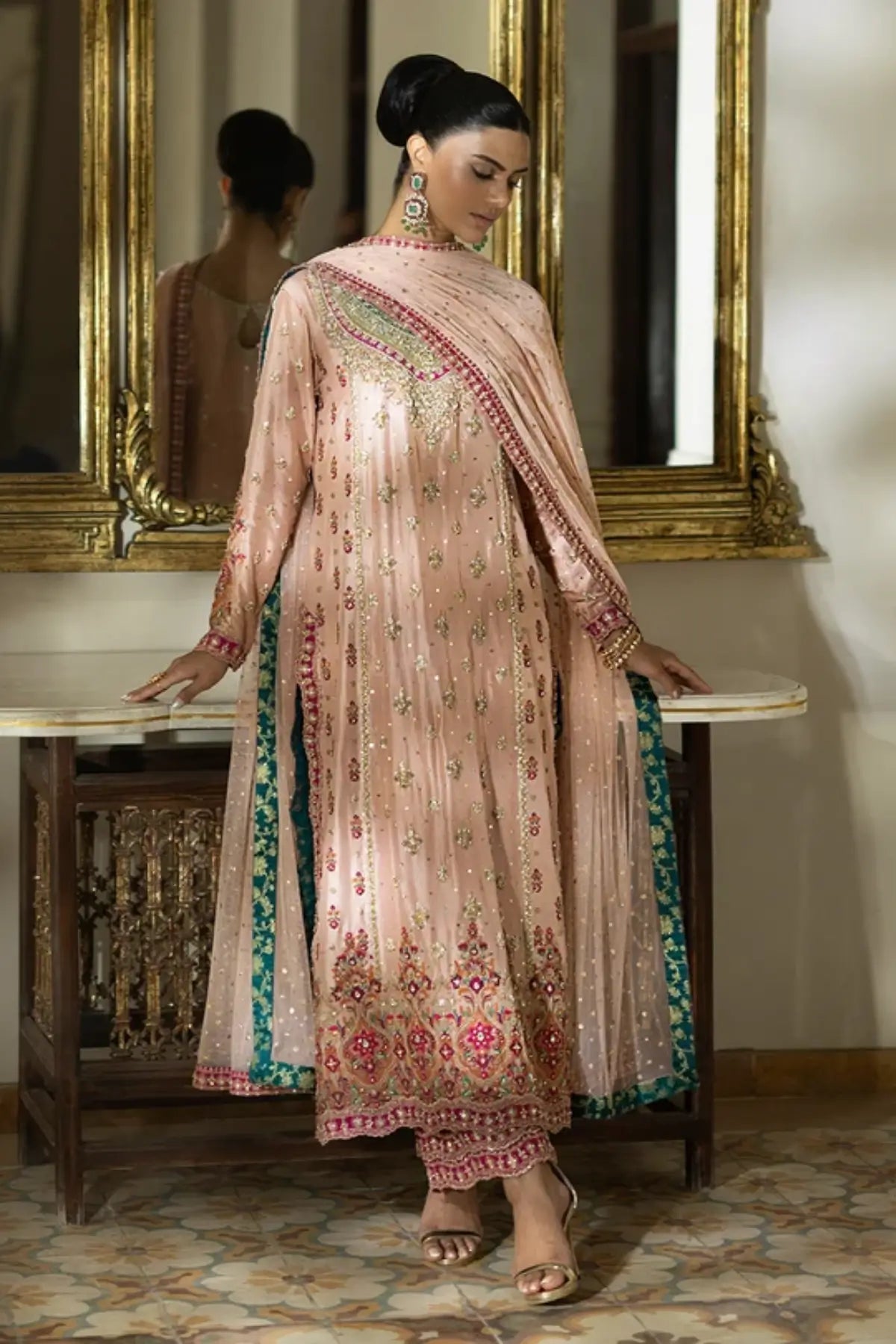 Aurelia pink raw silk embroidered stitched Nikkah formal suit with Mukesh Zardozi work and net dupatta
