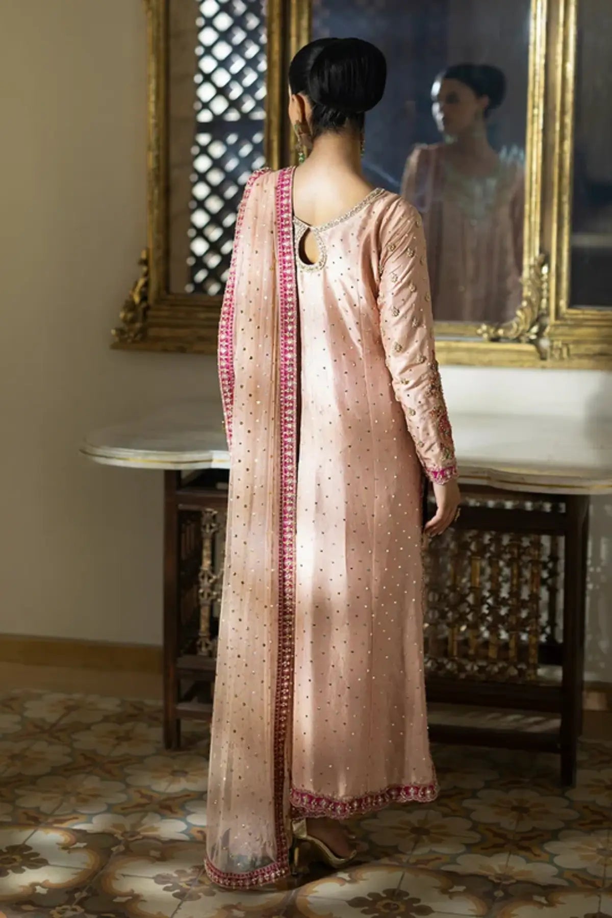 Aurelia pink raw silk embroidered stitched Nikkah formal suit with Mukesh Zardozi work and net dupatta
