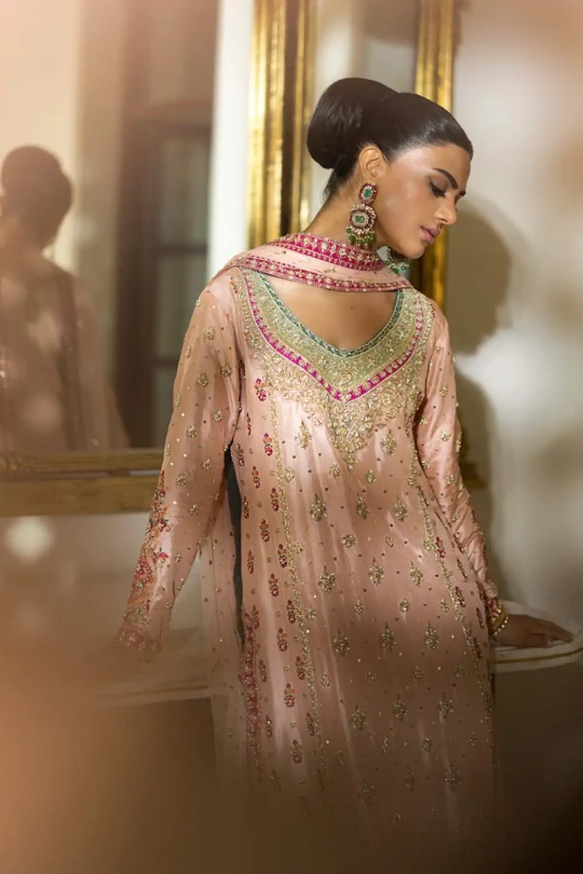 Aurelia pink raw silk embroidered stitched Nikkah formal suit with Mukesh Zardozi work and net dupatta