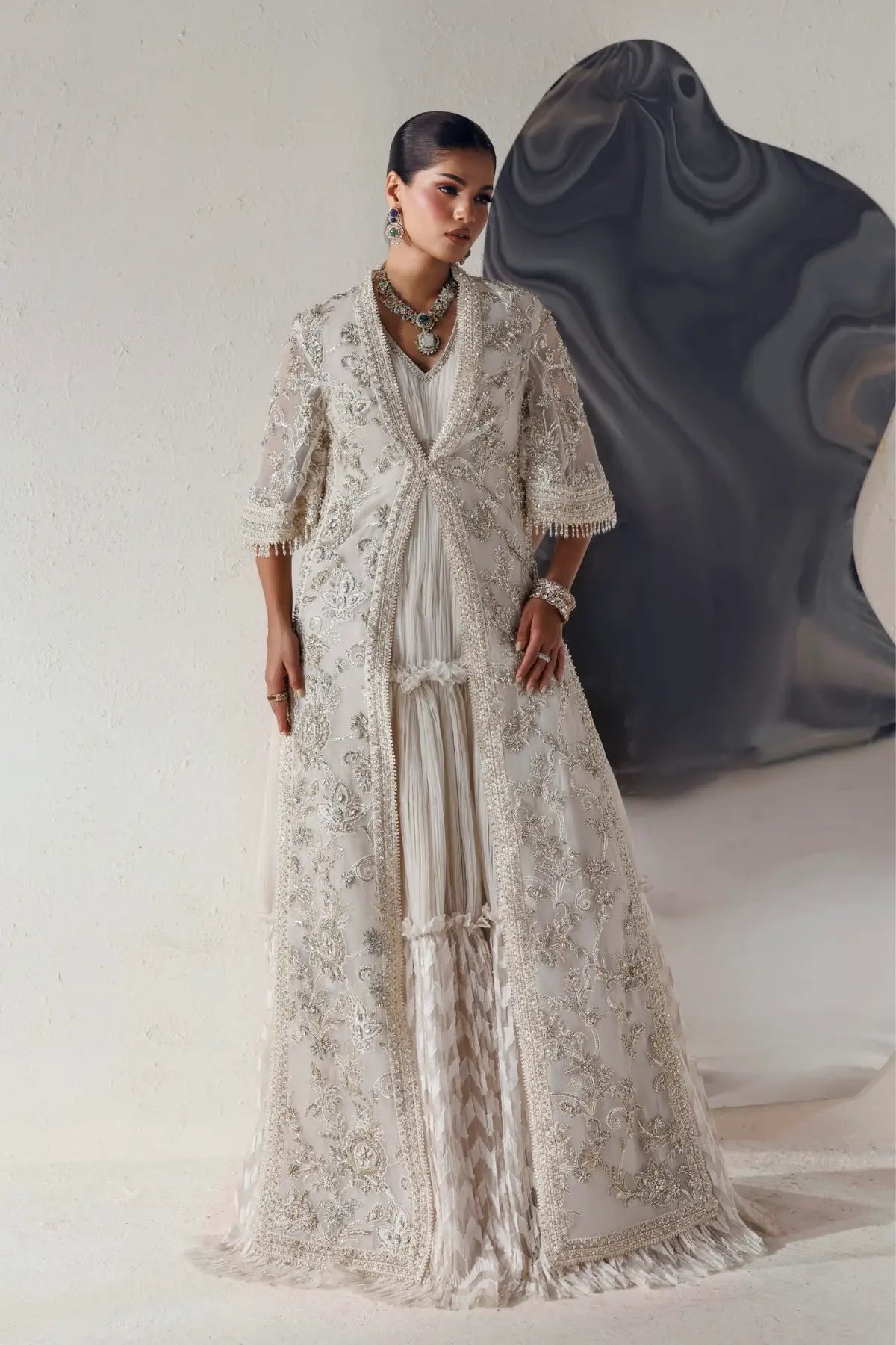 Aurelia Modern Muse 26 white hand embellished organza stitched bridal dress with crushed flare and embroidered net dupatta