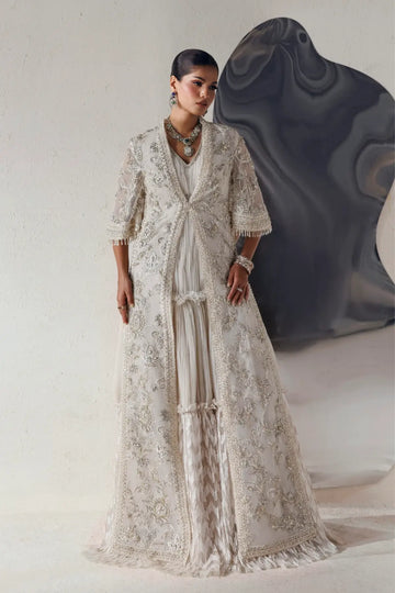 Aurelia Modern Muse 26 white hand embellished organza stitched bridal dress with crushed flare and embroidered net dupatta