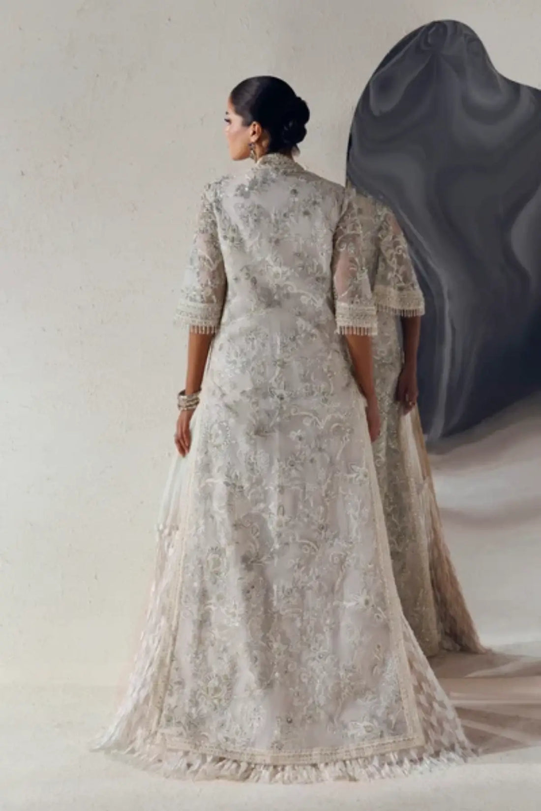 Aurelia Modern Muse 26 white hand embellished organza stitched bridal dress with crushed flare and embroidered net dupatta