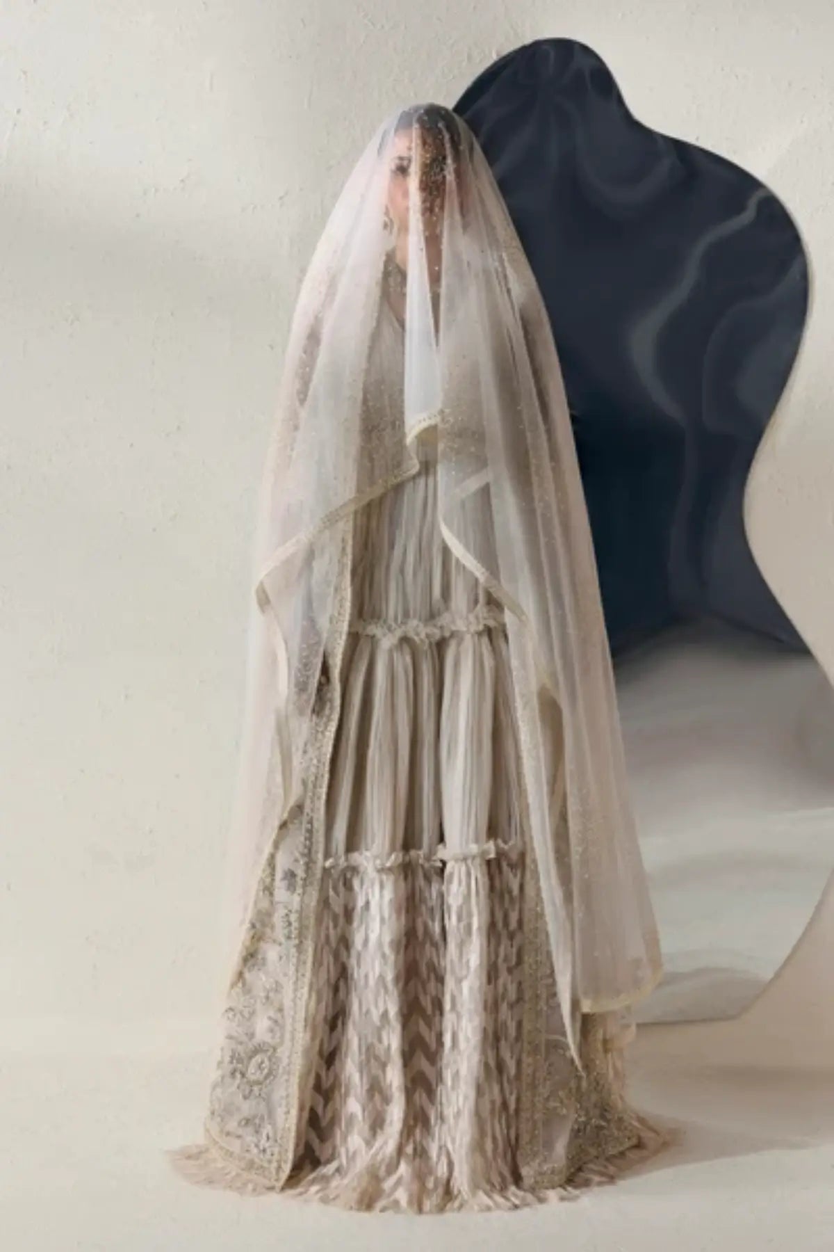 Aurelia Modern Muse 26 white hand embellished organza stitched bridal dress with crushed flare and embroidered net dupatta
