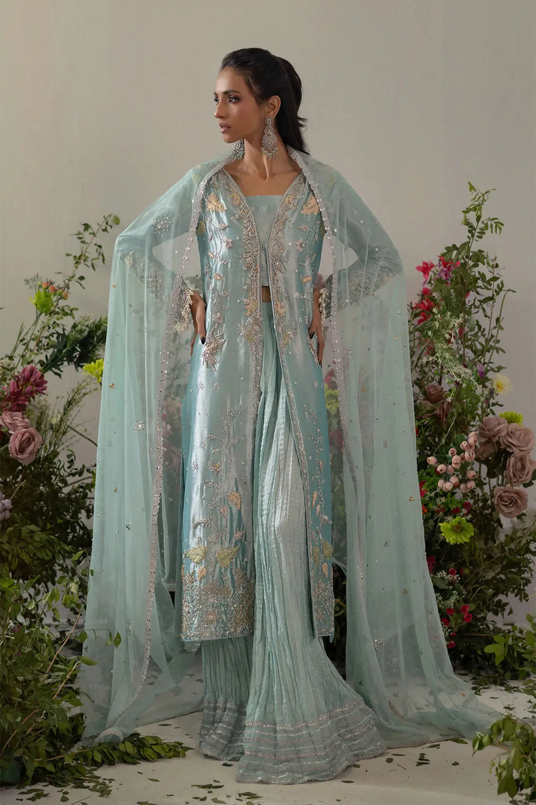 Ice blue embellished lamé long jacket with sharara and net dupatta for wedding soirees