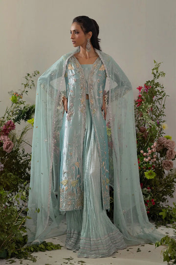 Ice blue embellished lamé long jacket with sharara and net dupatta for wedding soirees