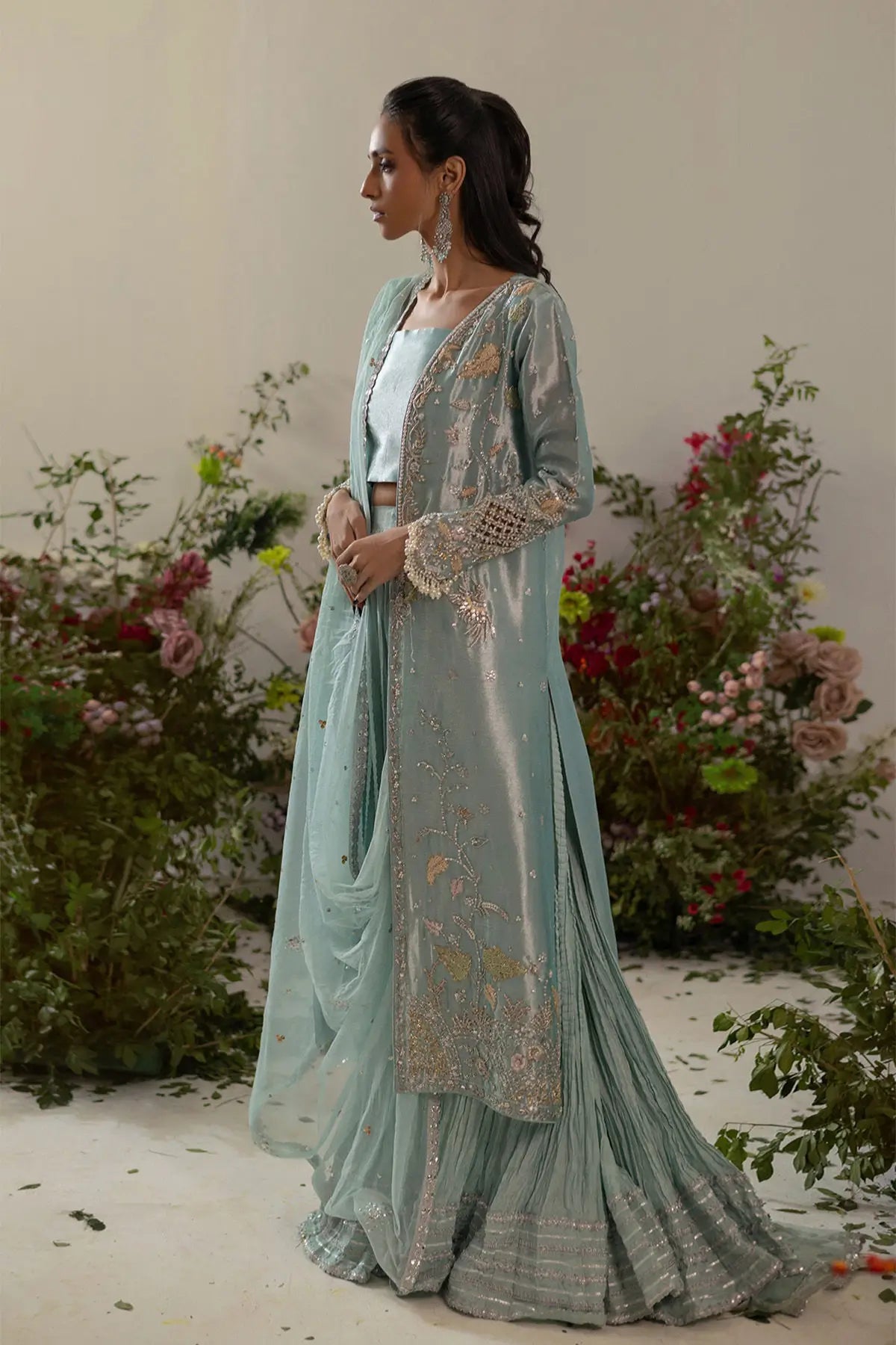Ice blue embellished lamé long jacket with sharara and net dupatta for wedding soirees