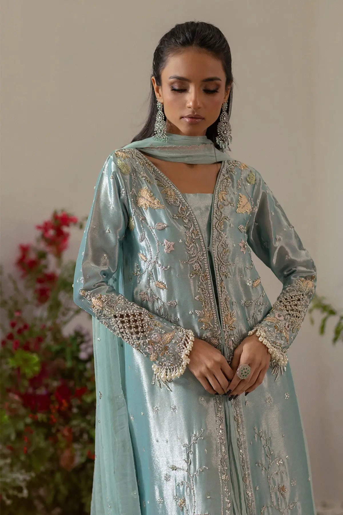 Ice blue embellished lamé long jacket with sharara and net dupatta for wedding soirees