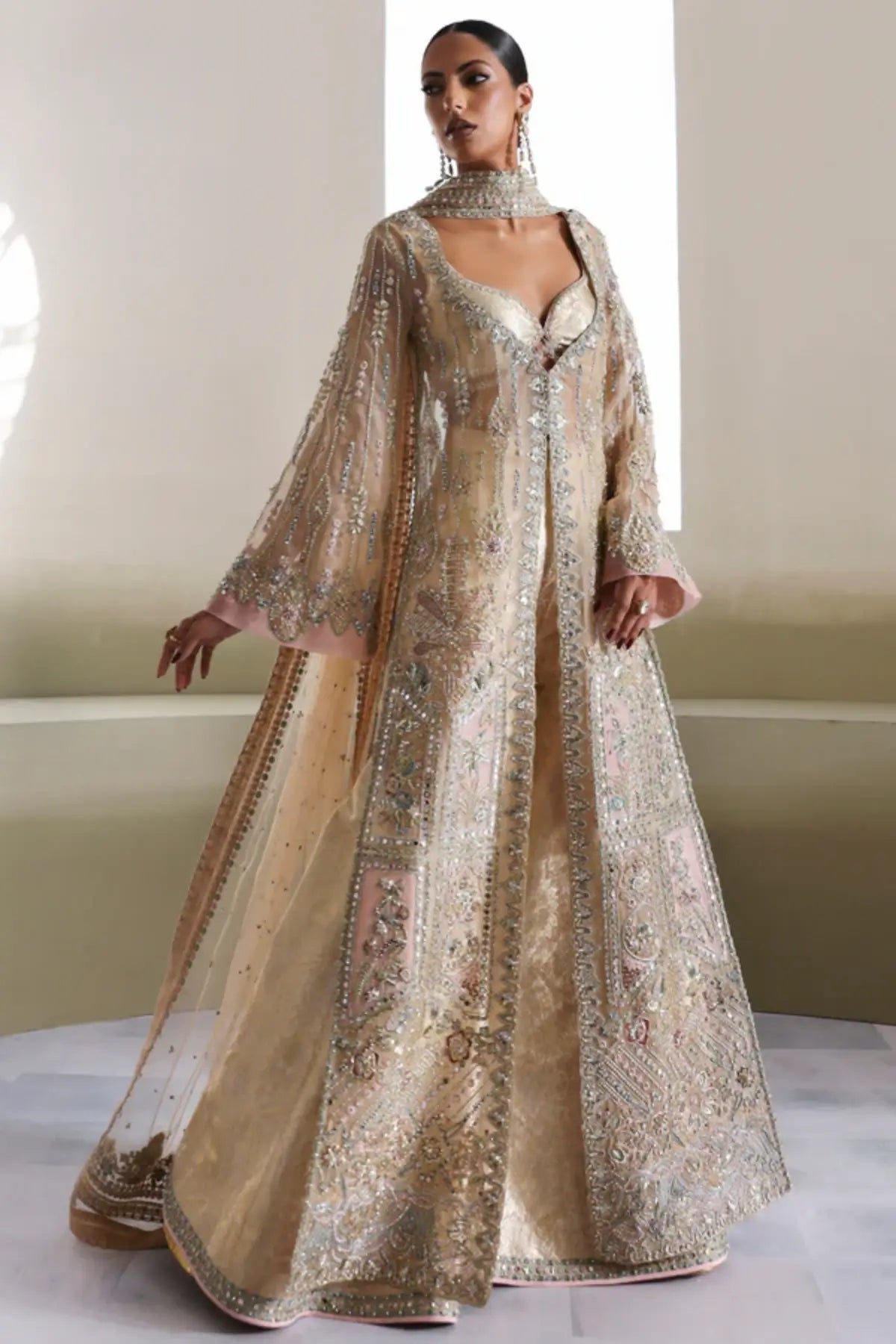 Auréne by Soraya beige hand embellished formal dress with Banarsi pants and net dupatta