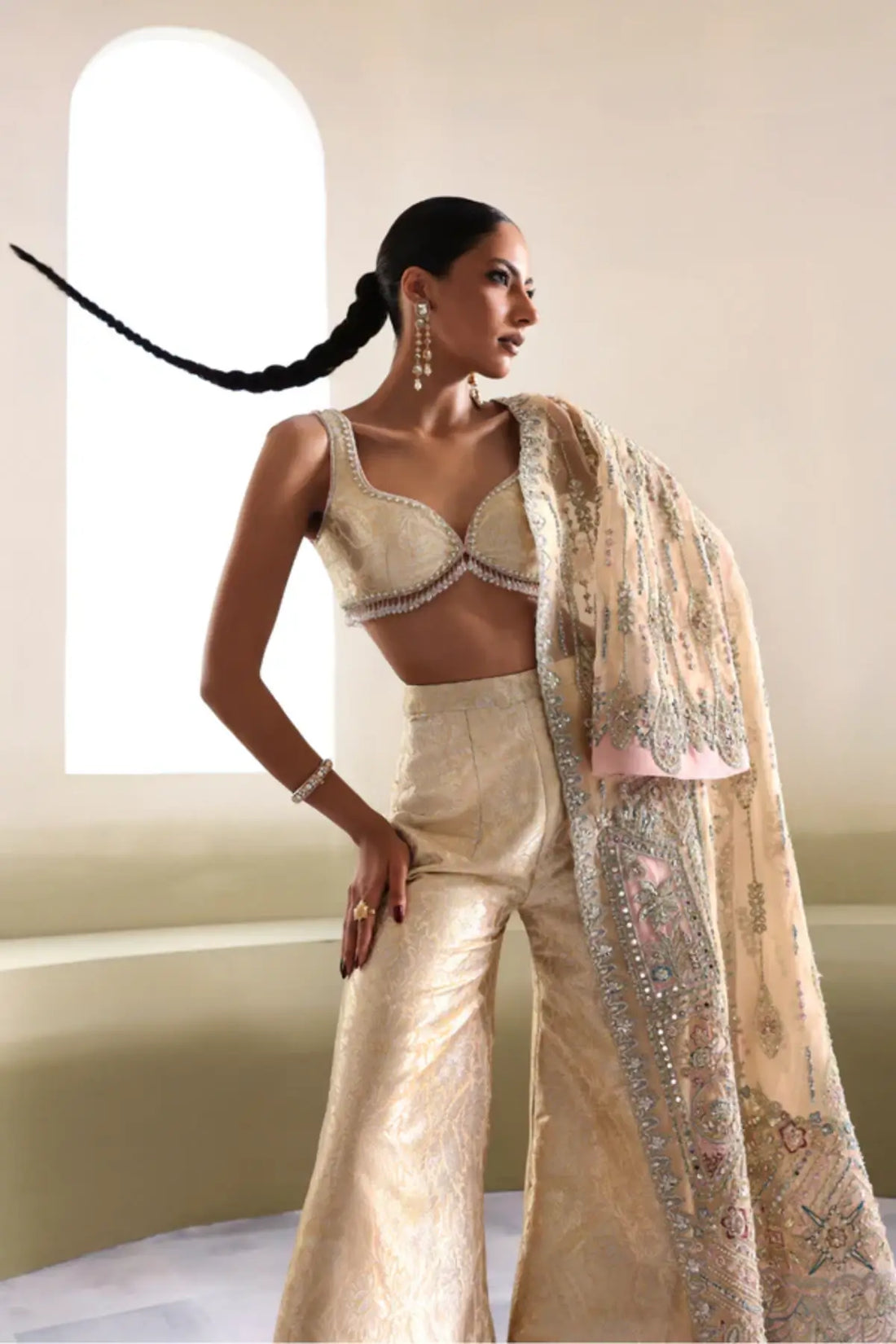 Auréne by Soraya beige hand embellished formal dress with Banarsi pants and net dupatta