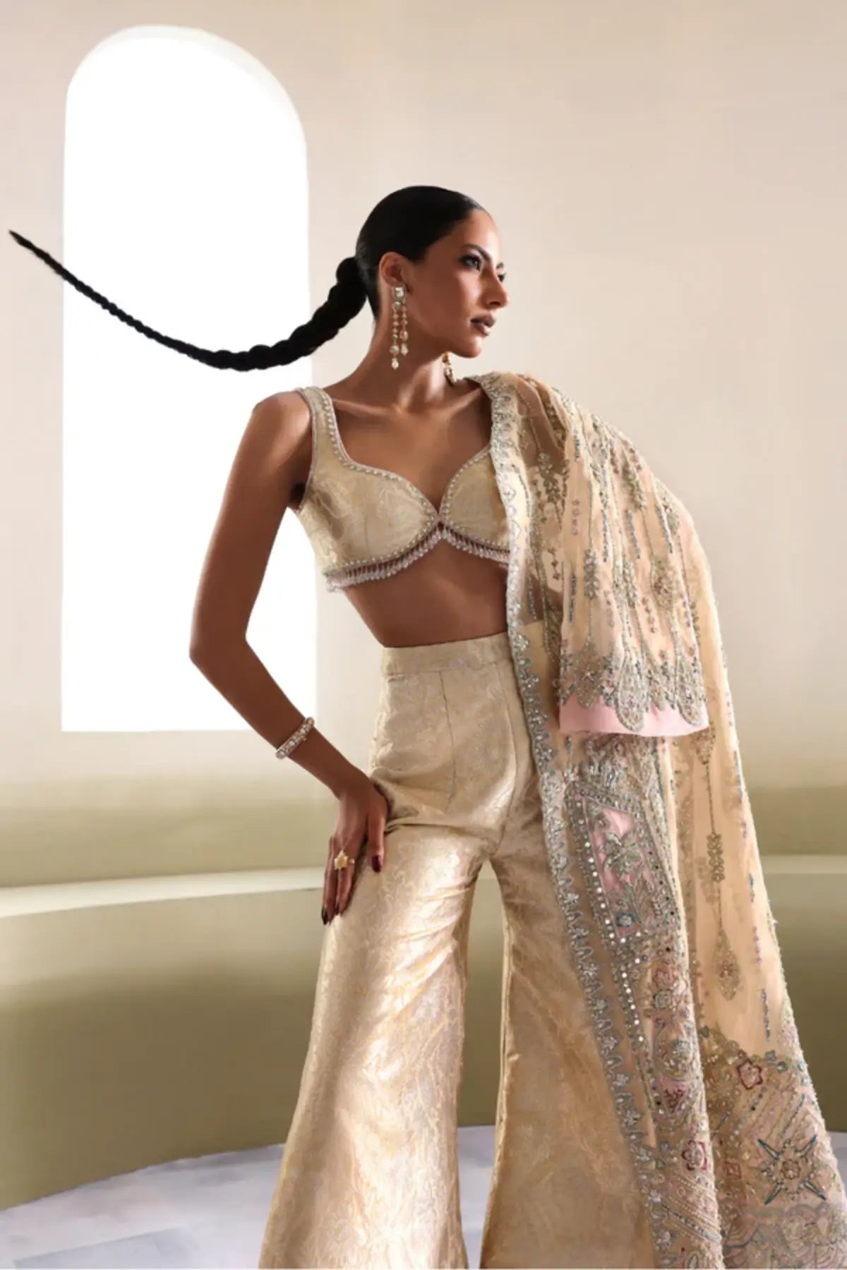 Auréne by Soraya beige hand embellished formal dress with Banarsi pants and net dupatta