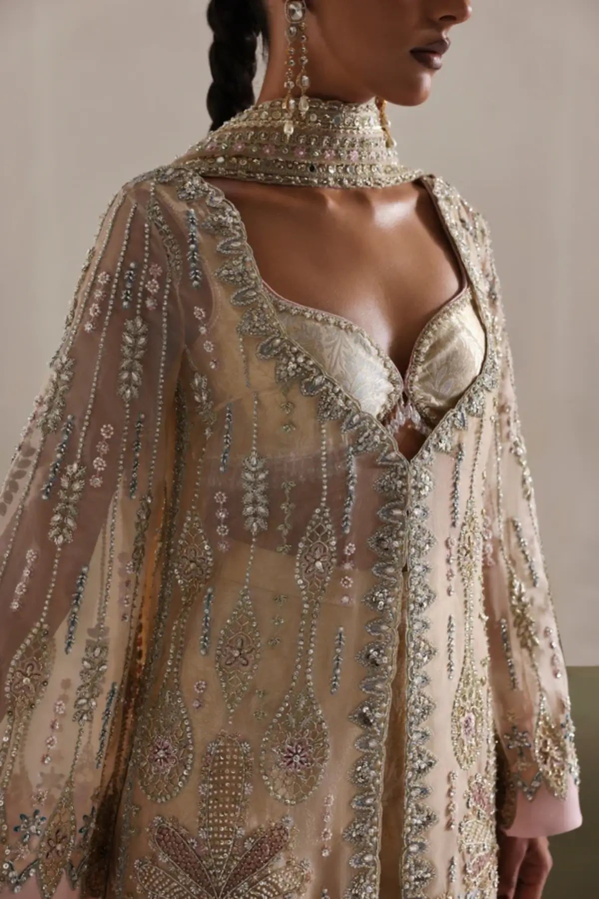 Auréne by Soraya beige hand embellished formal dress with Banarsi pants and net dupatta