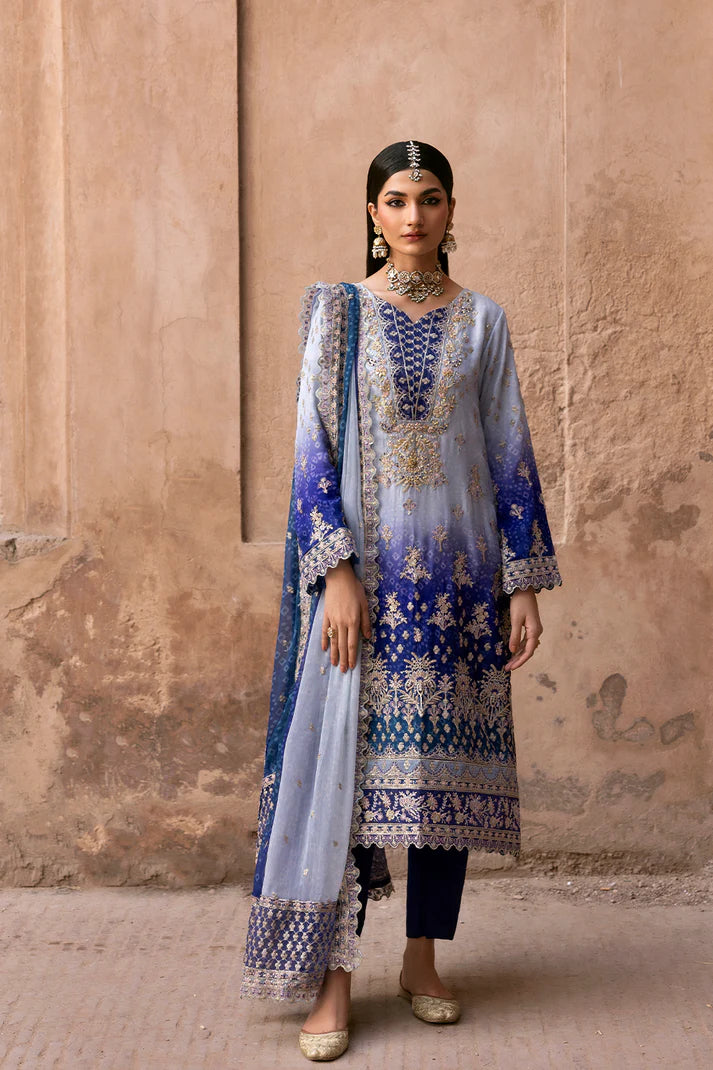 Aurevia sky blue chiffon digital print embroidered suit with raw silk trouser and embroidered dupatta by Emaan Adeel, luxury wear for weddings.
