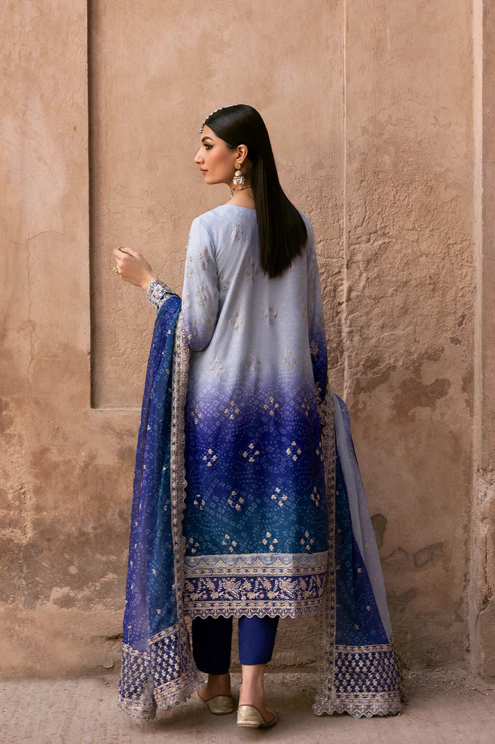 Aurevia sky blue chiffon digital print embroidered suit with raw silk trouser and embroidered dupatta by Emaan Adeel, luxury wear for weddings.