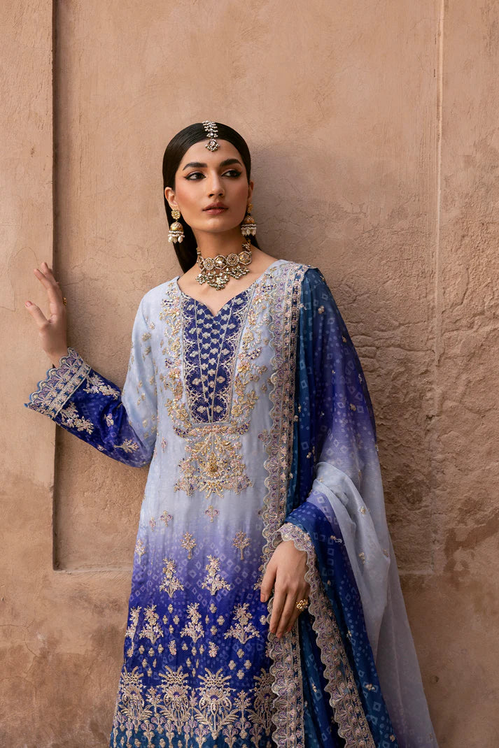 Aurevia sky blue chiffon digital print embroidered suit with raw silk trouser and embroidered dupatta by Emaan Adeel, luxury wear for weddings.