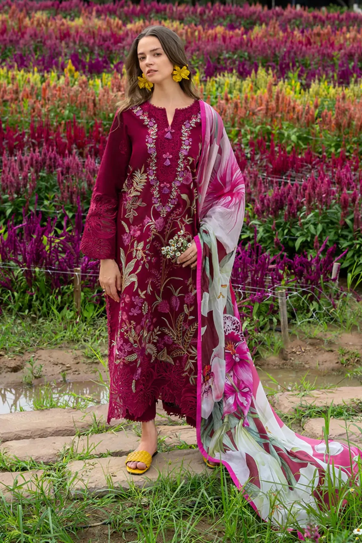 Mushq Aurora Petals red chikan embroidered lawn suit with digital silk dupatta