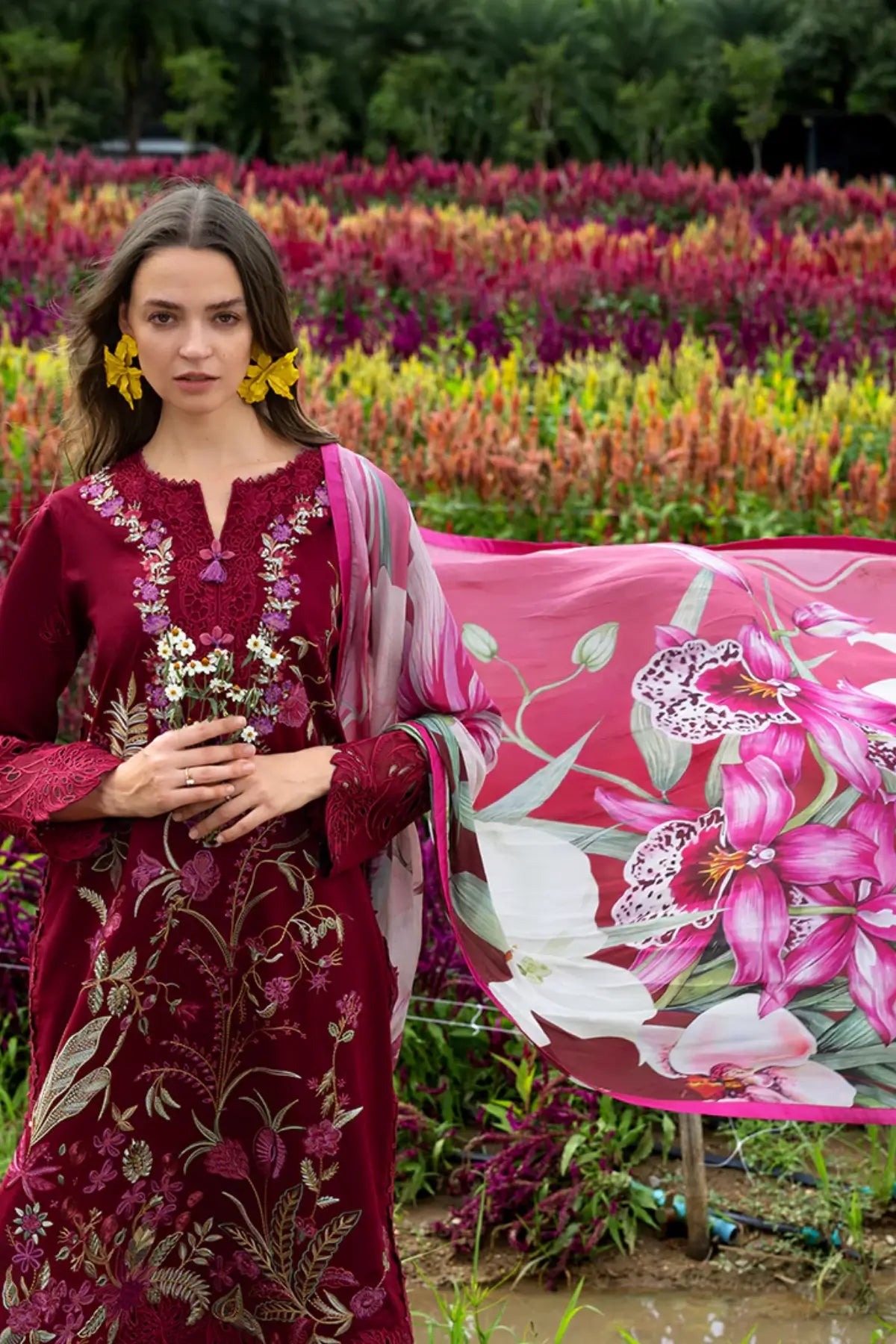 Mushq Aurora Petals red chikan embroidered lawn suit with digital silk dupatta