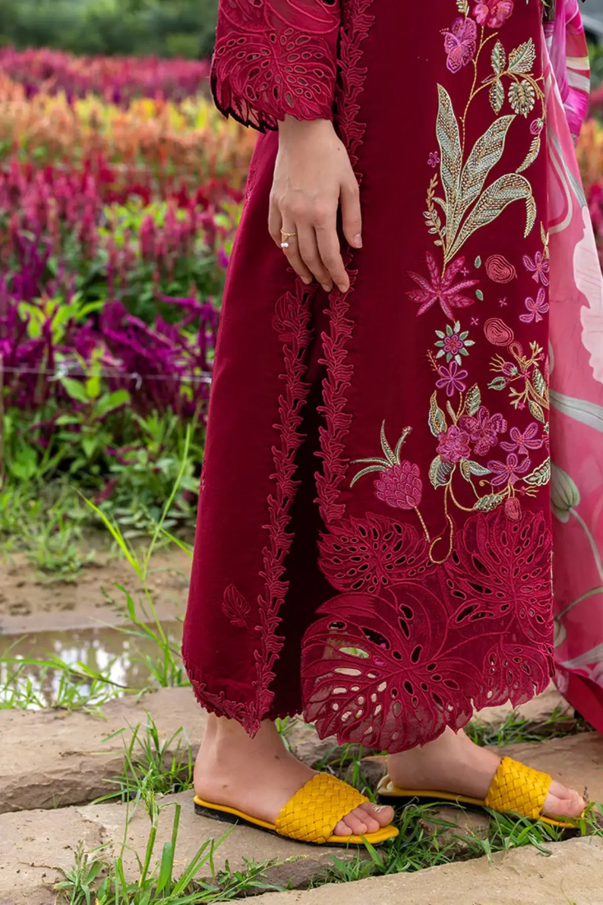 Mushq Aurora Petals red chikan embroidered lawn suit with digital silk dupatta